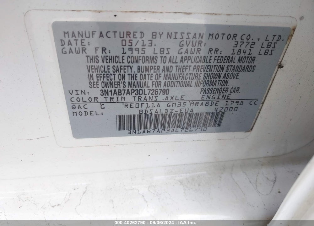 2013 NISSAN SENTRA VIN: 3N1AB7AP3DL726790