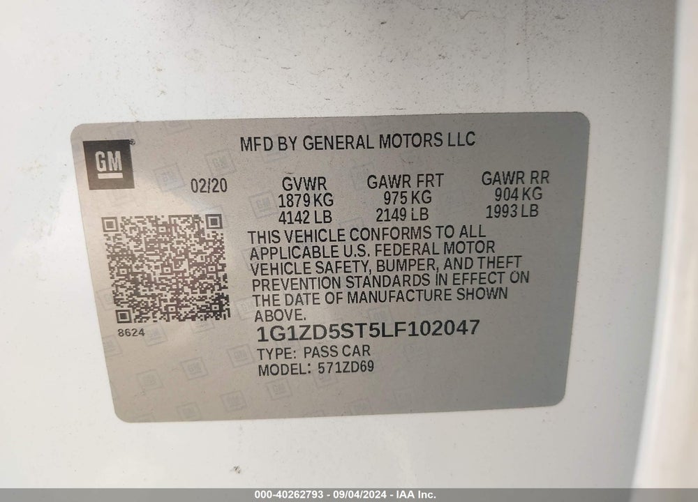 2020 CHEVROLET MALIBU FWD LT VIN: 1G1ZD5ST5LF102047