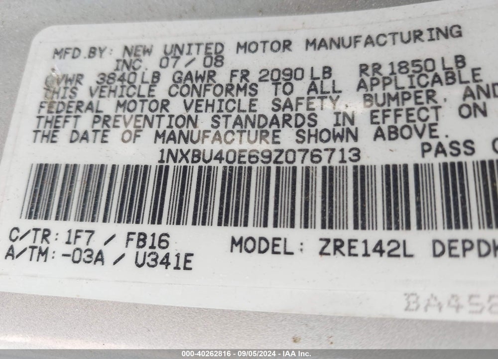 2009 TOYOTA COROLLA LE VIN: 1NXBU40E69Z076713