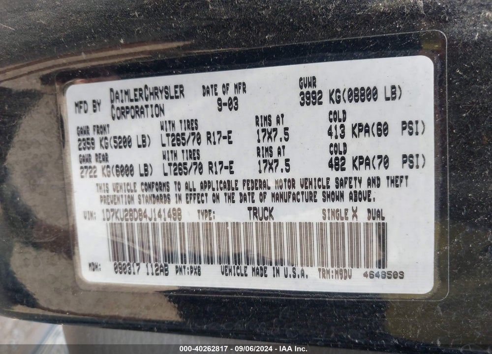 2004 DODGE RAM 2500 SLT/LARAMIE VIN: 1D7KU28D84J141498
