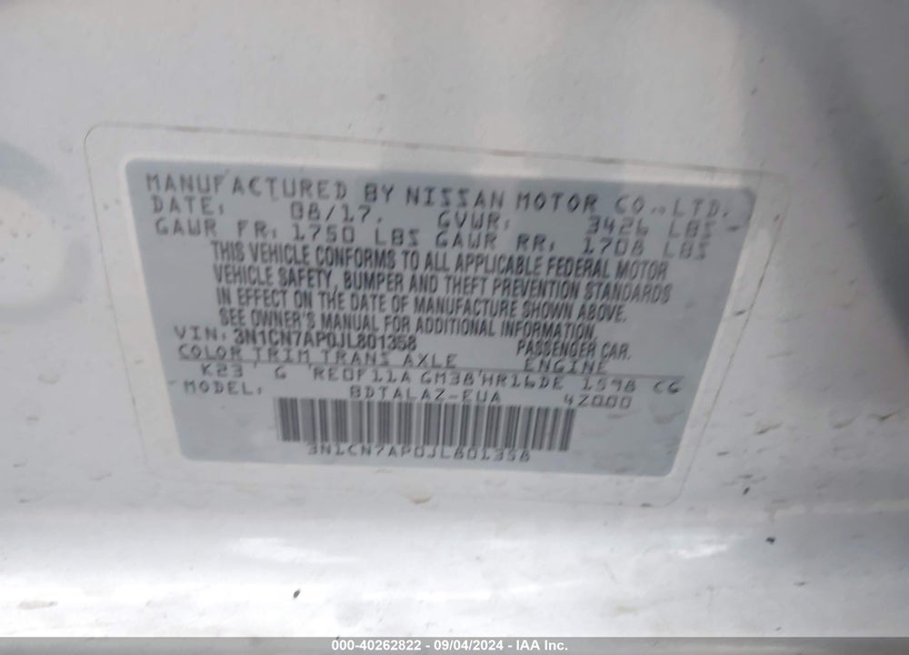 2018 NISSAN VERSA 1.6 S+ VIN: 3N1CN7AP0JL801358