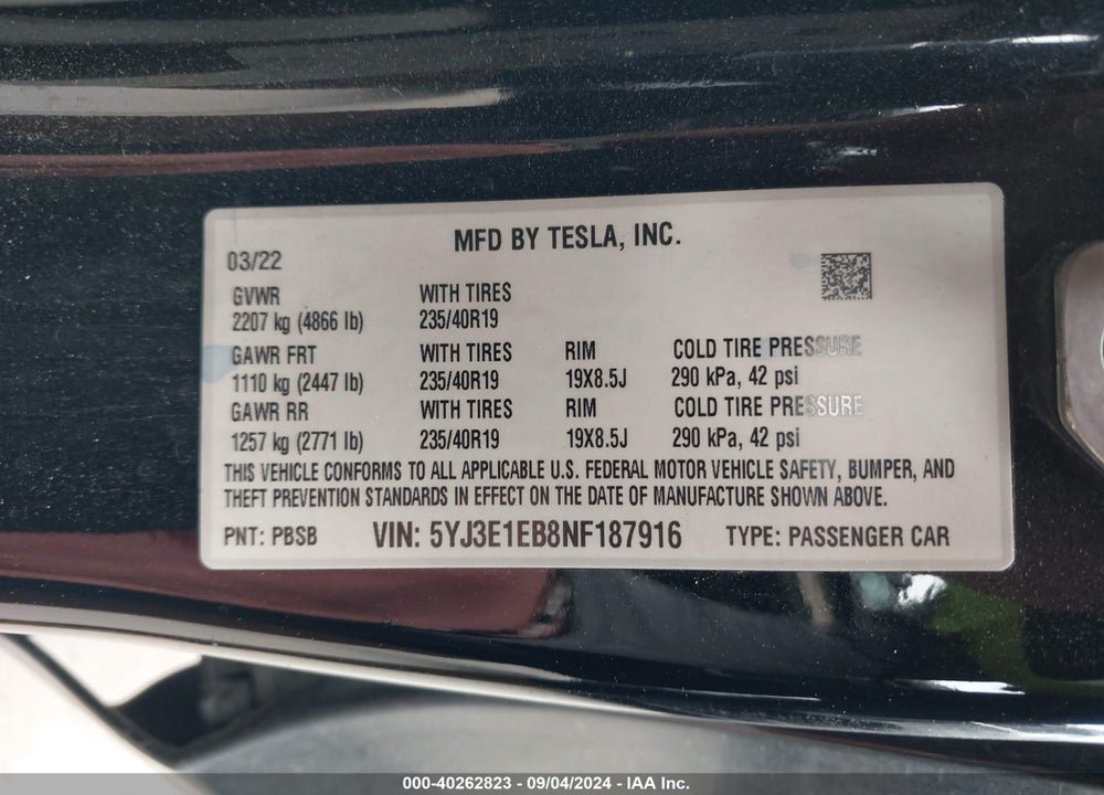 2022 TESLA MODEL 3 LONG RANGE DUAL MOTOR ALL-WHEEL DRIVE VIN: 5YJ3E1EB8NF187916