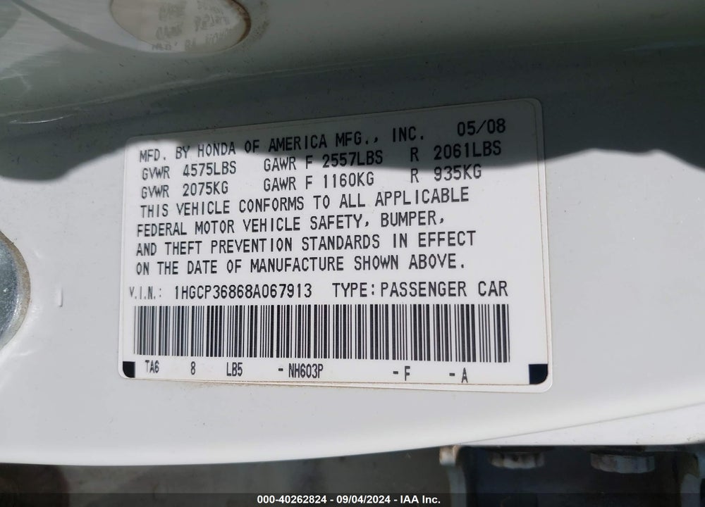 2008 HONDA ACCORD 3.5 EX-L VIN: 1HGCP36868A067913