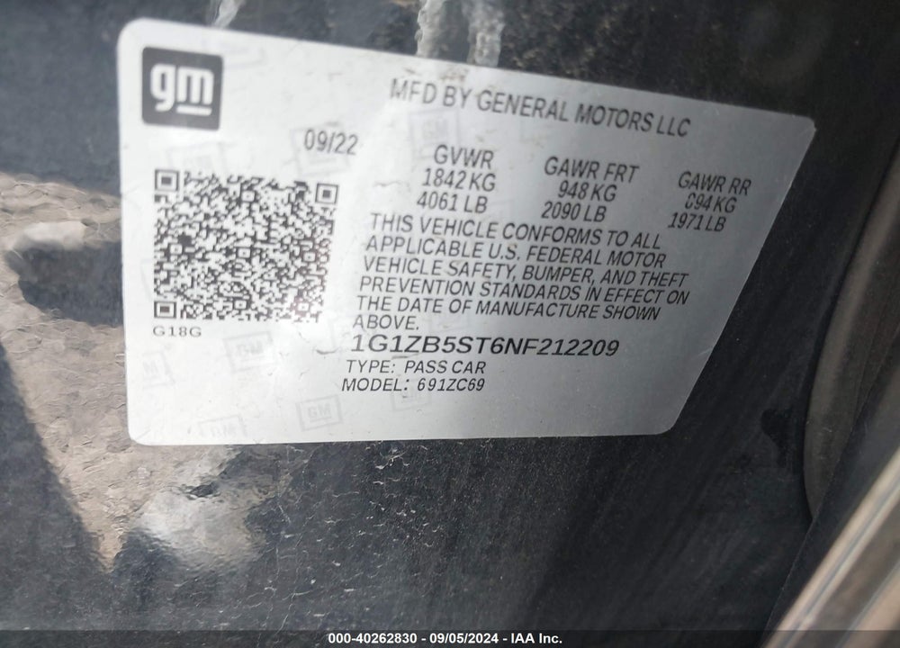 2022 CHEVROLET MALIBU FWD LS VIN: 1G1ZB5ST6NF212209