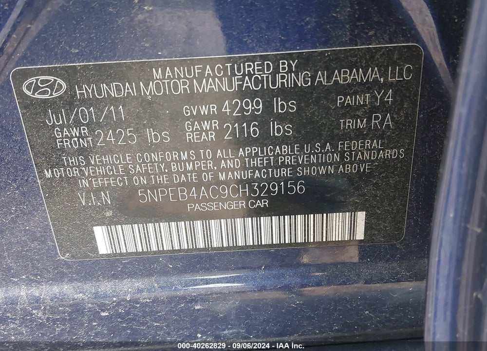 2012 HYUNDAI SONATA GLS VIN: 5NPEB4AC9CH329156