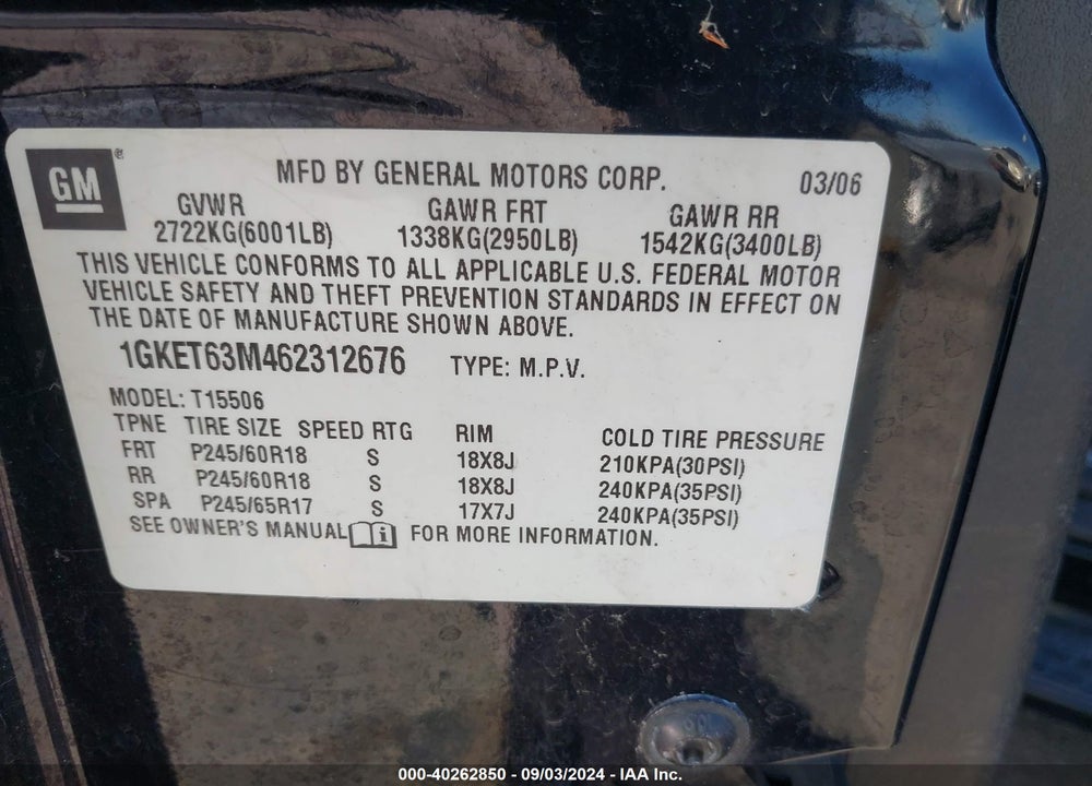 2006 GMC ENVOY DENALI VIN: 1GKET63M462312676