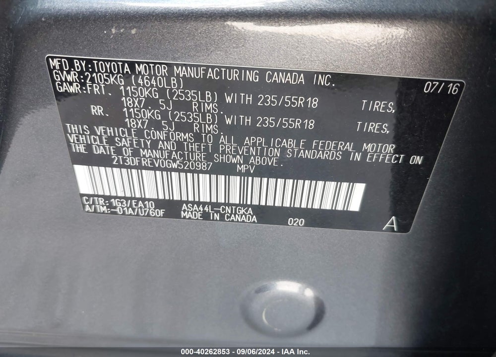 2016 TOYOTA RAV4 LIMITED VIN: 2T3DFREV0GW520987