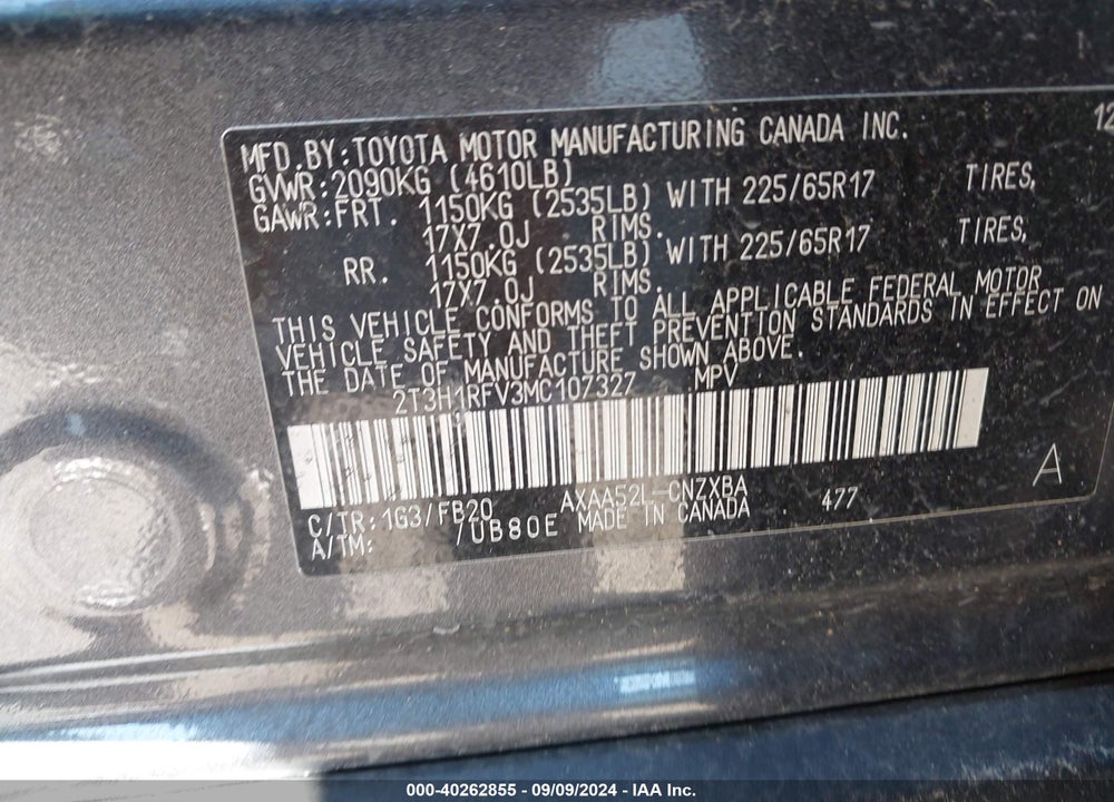 2021 TOYOTA RAV4 LE VIN: 2T3H1RFV3MC107327