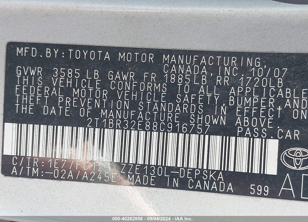 2008 TOYOTA COROLLA S VIN: 2T1BR32E88C916757