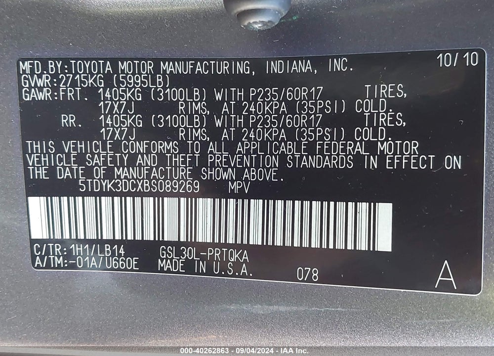2011 TOYOTA SIENNA XLE V6 VIN: 5TDYK3DCXBS089269