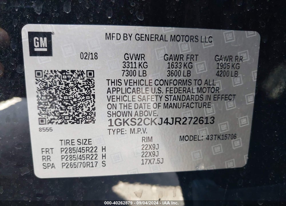 2018 GMC YUKON DENALI VIN: 1GKS2CKJ4JR272613