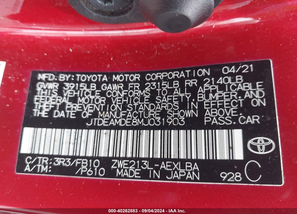 2021 TOYOTA COROLLA HYBRID LE VIN: JTDEAMDE8MJ031903
