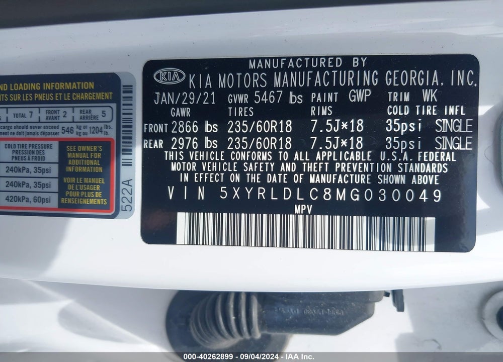 2021 KIA SORENTO S VIN: 5XYRLDLC8MG030049