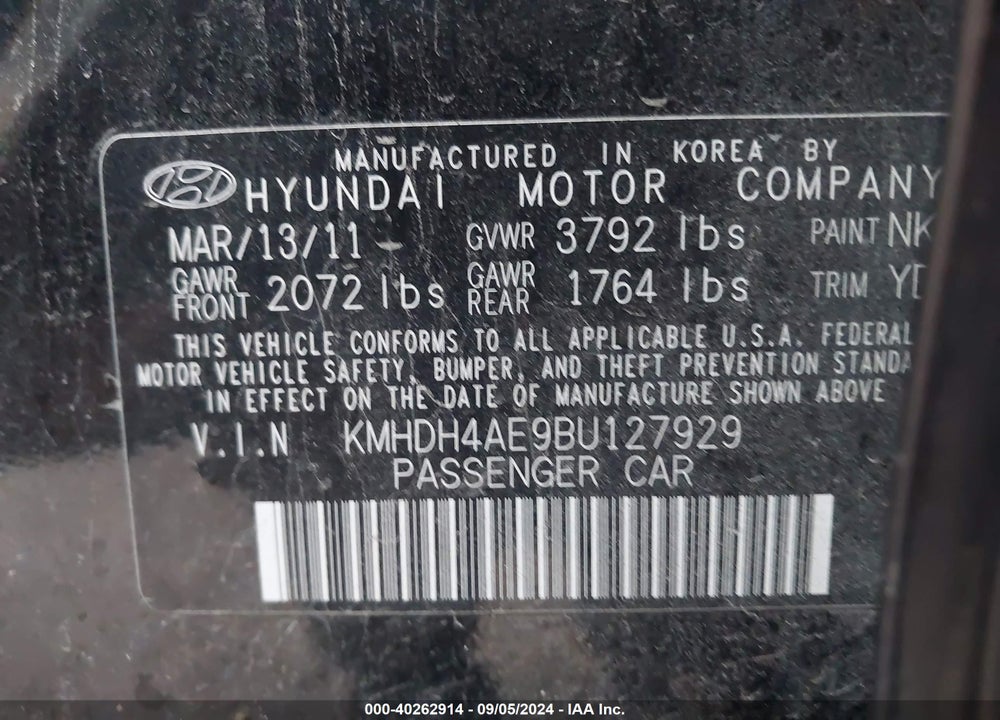 2011 HYUNDAI ELANTRA LIMITED (ULSAN PLANT) VIN: KMHDH4AE9BU127929