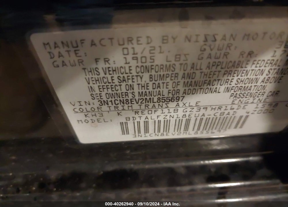 2021 NISSAN VERSA SV XTRONIC CVT VIN: 3N1CN8EV2ML855697