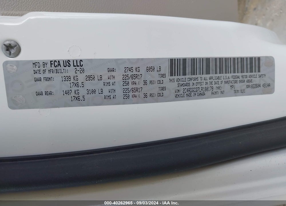2020 DODGE GRAND CARAVAN SXT VIN: 2C4RDGCG7LR180178