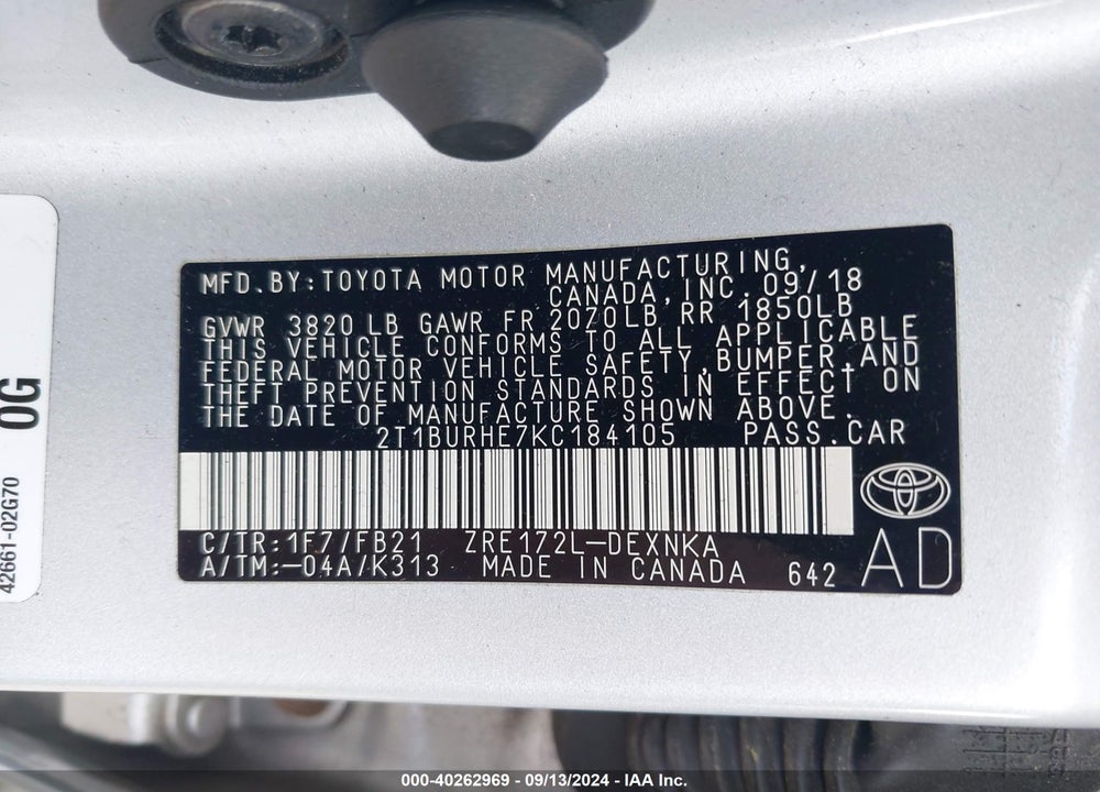 2019 TOYOTA COROLLA LE VIN: 2T1BURHE7KC184105