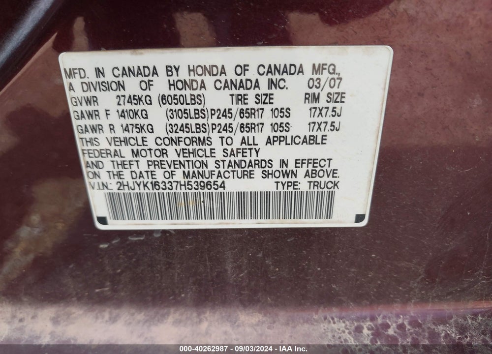 2007 HONDA RIDGELINE RTX VIN: 2HJYK16337H539654