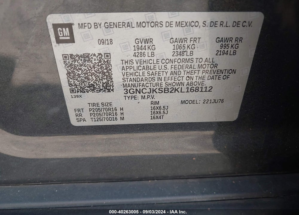 2019 CHEVROLET TRAX LS VIN: 3GNCJKSB2KL168112