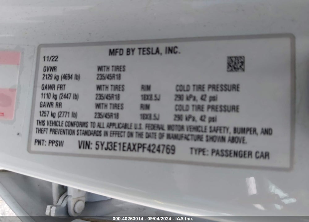 2023 TESLA MODEL 3 REAR-WHEEL DRIVE VIN: 5YJ3E1EAXPF424769