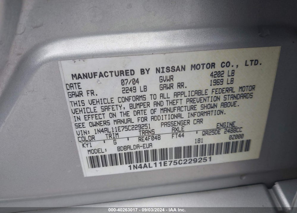 2005 NISSAN ALTIMA 2.5 S VIN: 1N4AL11E75C229251