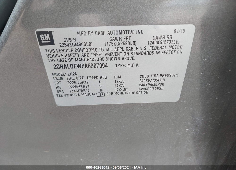 2010 CHEVROLET EQUINOX LT VIN: 2CNALDEW6A6307094
