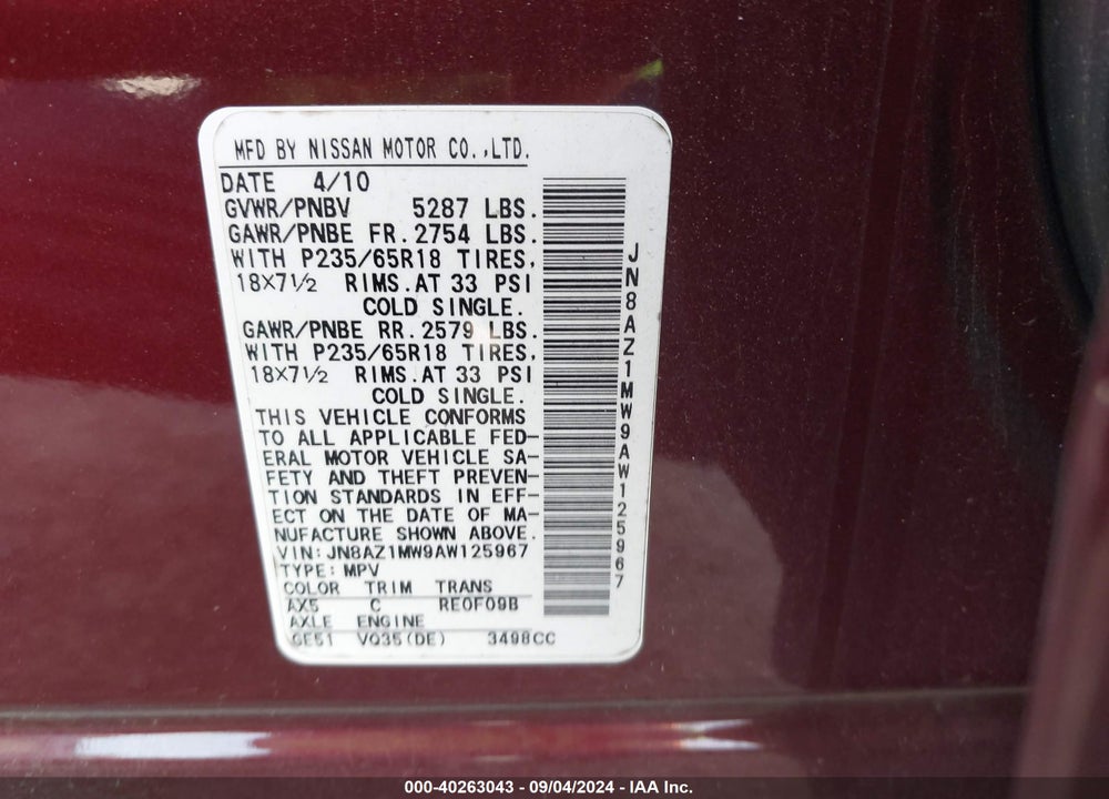 2010 NISSAN MURANO SL VIN: JN8AZ1MW9AW125967
