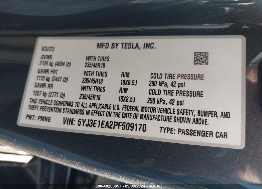 2023 TESLA MODEL 3 REAR-WHEEL DRIVE VIN: 5YJ3E1EA2PF509170