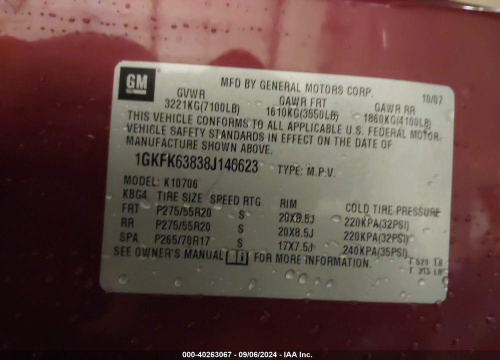 2008 GMC YUKON DENALI VIN: 1GKFK63838J146623