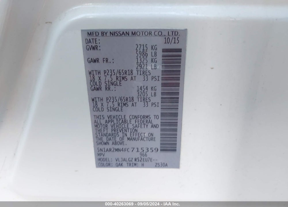 2015 NISSAN PATHFINDER SL VIN: 5N1AR2MN4FC715359