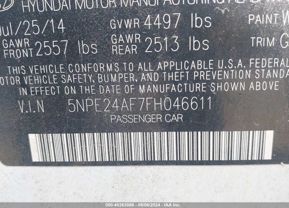 2015 HYUNDAI SONATA SE VIN: 5NPE24AF7FH046611
