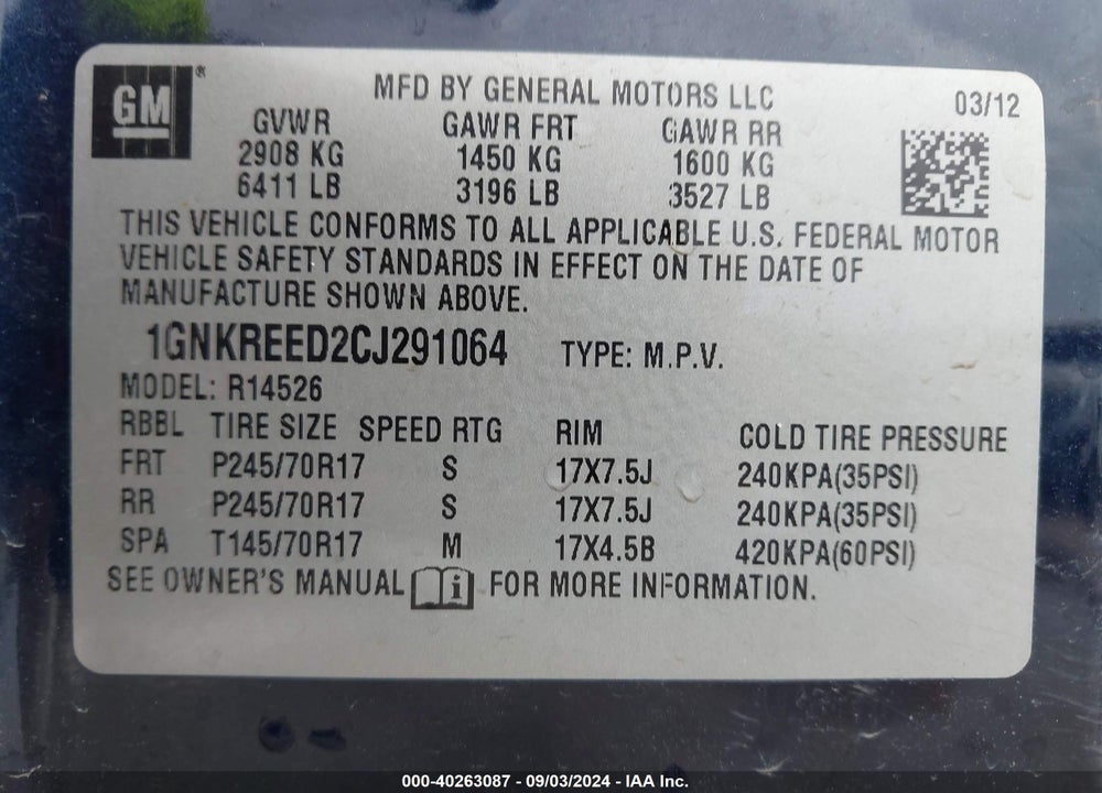 2012 CHEVROLET TRAVERSE VIN: 1GNKREED2CJ291064
