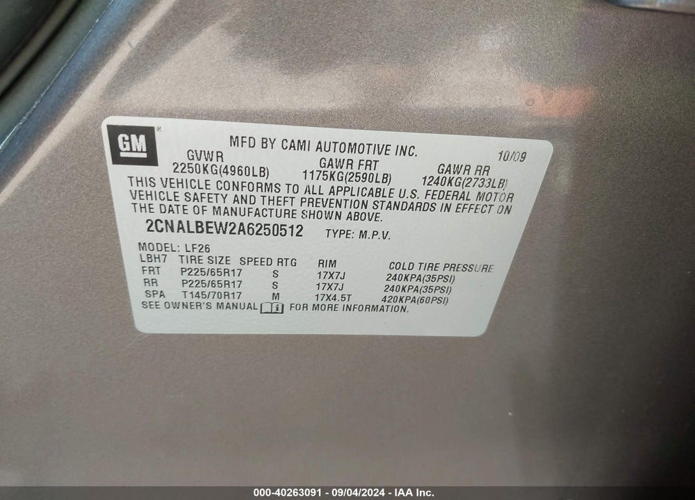 2010 CHEVROLET EQUINOX LS VIN: 2CNALBEW2A6250512