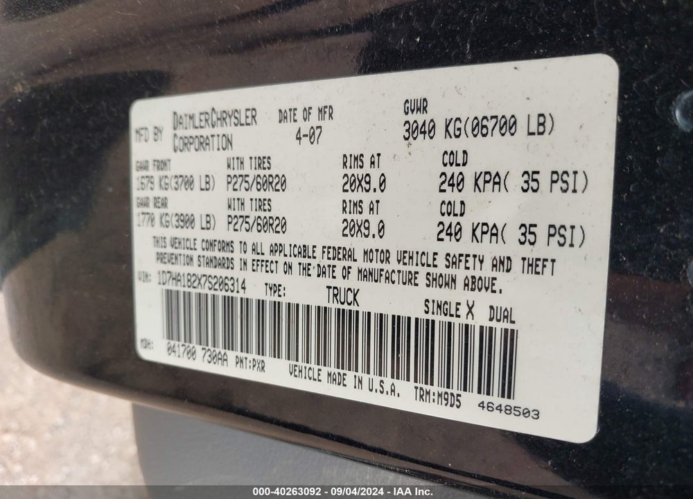 2007 DODGE RAM 1500 SLT VIN: 1D7HA182X7S206314