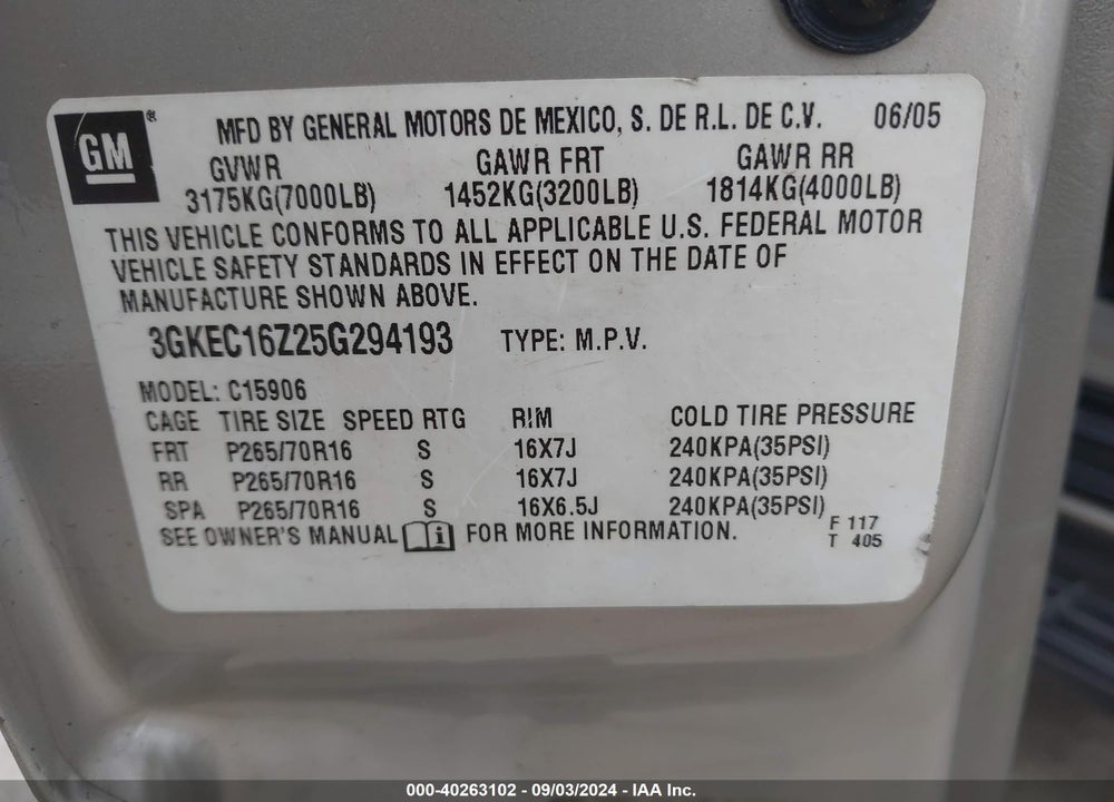 2005 GMC YUKON XL 1500 SLE VIN: 3GKEC16Z25G294193