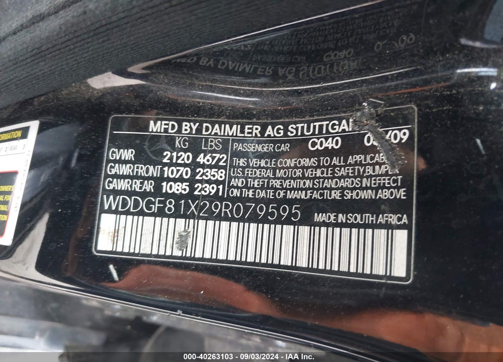 2009 MERCEDES-BENZ C 300 VIN: WDDGF81X29R079595