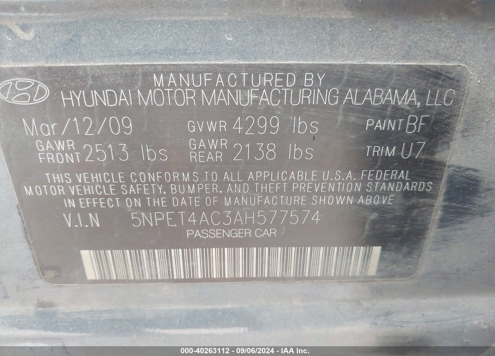 2010 HYUNDAI SONATA GLS VIN: 5NPET4AC3AH577574