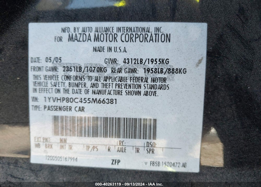 2005 MAZDA 6 I SPORT VIN: 1YVHP80C455M66381