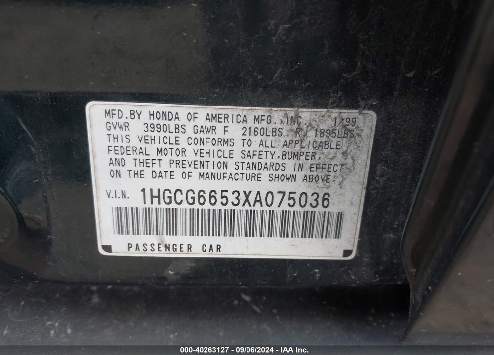 1999 HONDA ACCORD LX VIN: 1HGCG6653XA075036