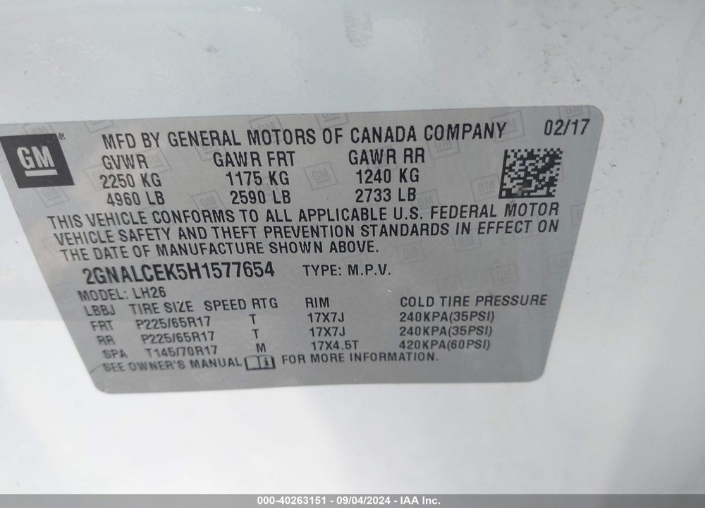 2017 CHEVROLET EQUINOX LT VIN: 2GNALCEK5H1577654