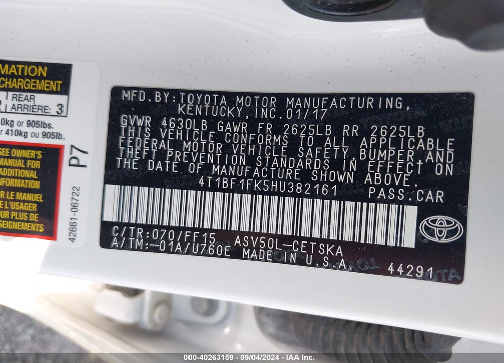 2017 TOYOTA CAMRY SE VIN: 4T1BF1FK5HU382161