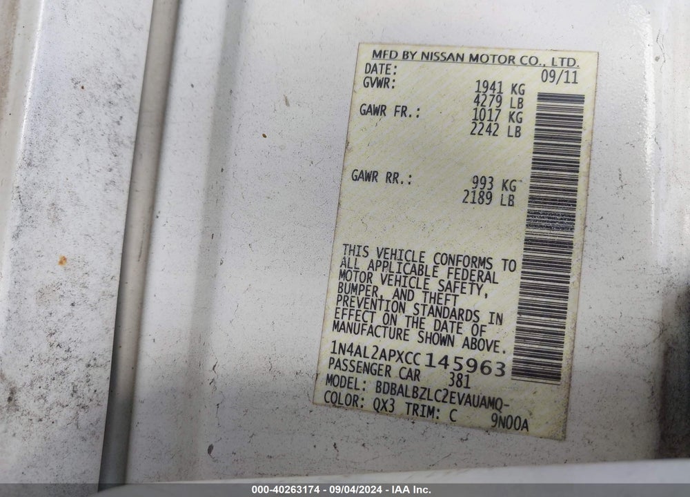 2012 NISSAN ALTIMA VIN: 1N4AL2APXCC145963