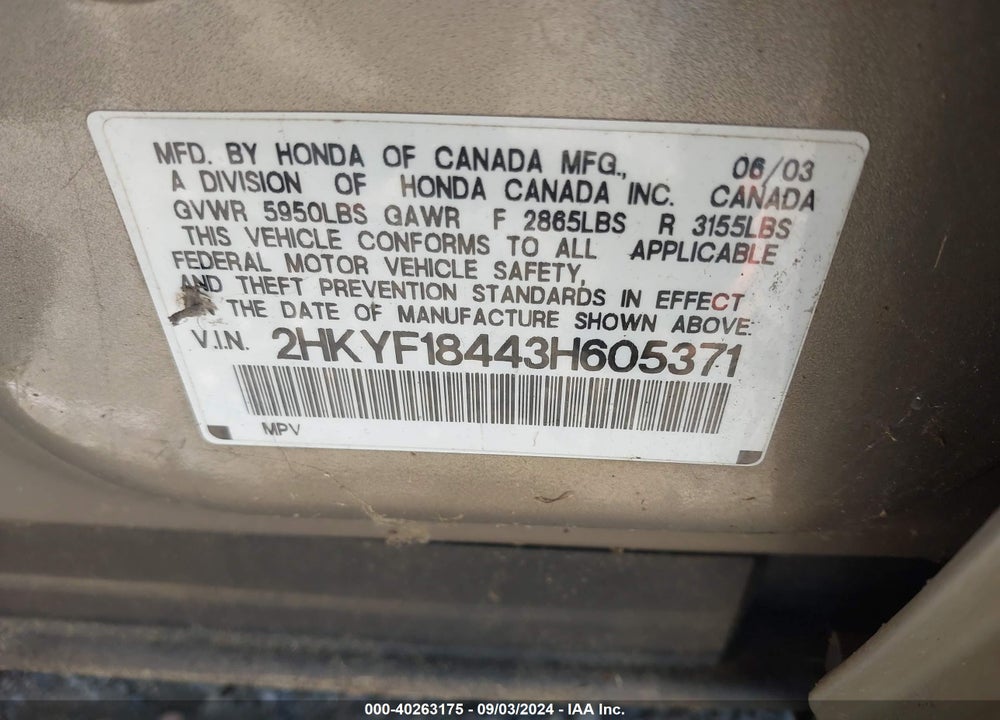 2003 HONDA PILOT EX VIN: 2HKYF18443H605371
