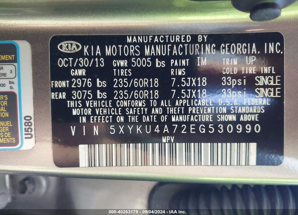 2014 KIA SORENTO EX V6 VIN: 5XYKU4A72EG530990