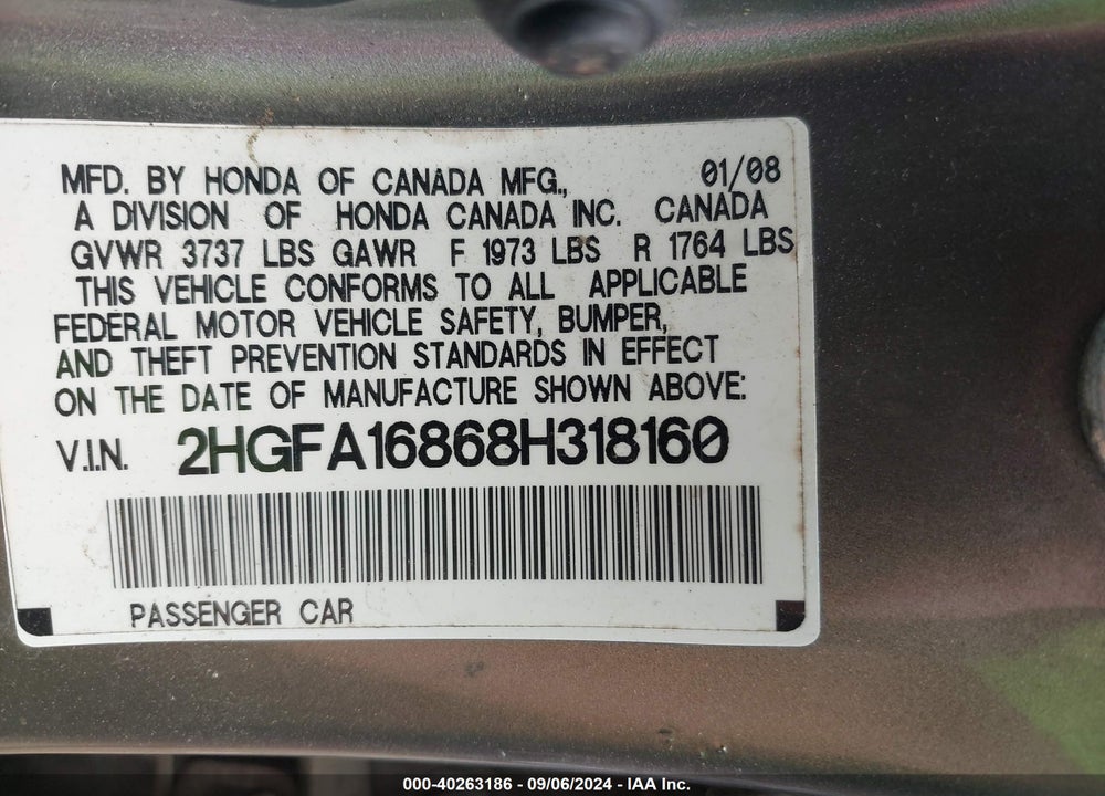 2008 HONDA CIVIC EX VIN: 2HGFA16868H318160