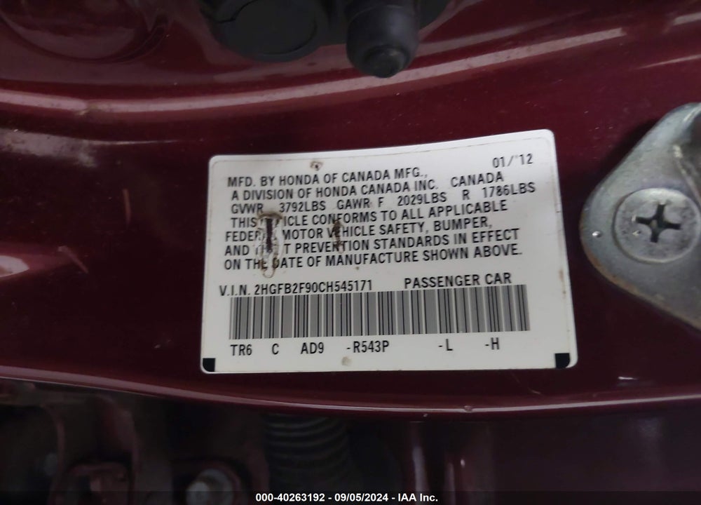 2012 HONDA CIVIC EX-L VIN: 2HGFB2F90CH545171