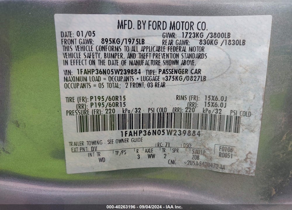 2005 FORD FOCUS ZXW VIN: 1FAHP36N05W239884
