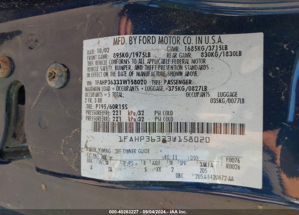 2003 FORD FOCUS VIN: 1FAHP36333W158020