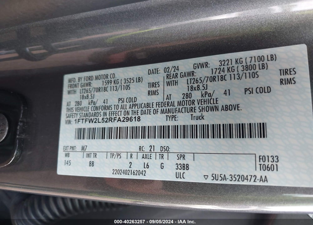 2024 FORD F-150 STX VIN: 1FTFW2L52RFA29618