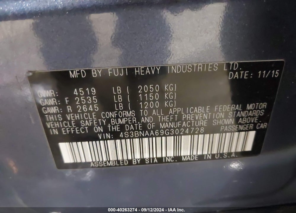 2016 SUBARU LEGACY 2.5I VIN: 4S3BNAA69G3024728